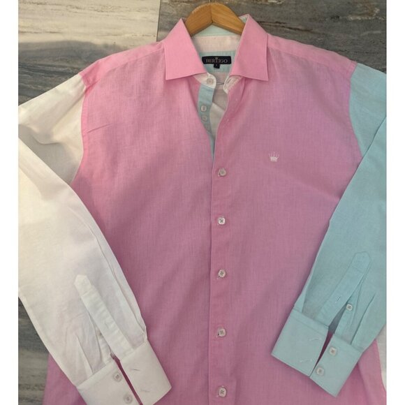 Bertigo Mens Colorblock Button-Up Shirt Pink/Blue/White Cotton S - Picture 6 of 10